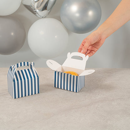 Bio Tek Blue & White Stripe Paper Gable Box / Take Out Container - Compostable - 4" x 2 1/2" x 2 1/2" - 100 count box