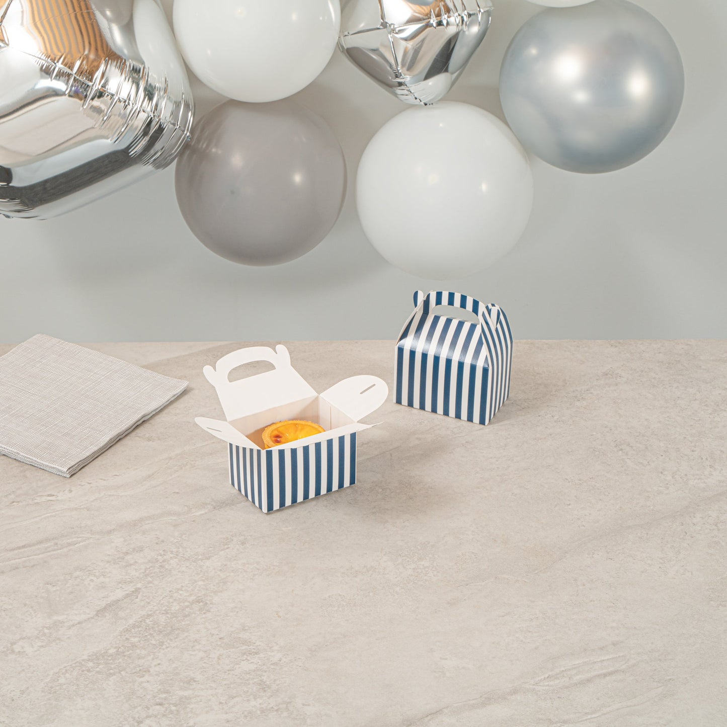 Bio Tek Blue & White Stripe Paper Gable Box / Take Out Container - Compostable - 4" x 2 1/2" x 2 1/2" - 100 count box