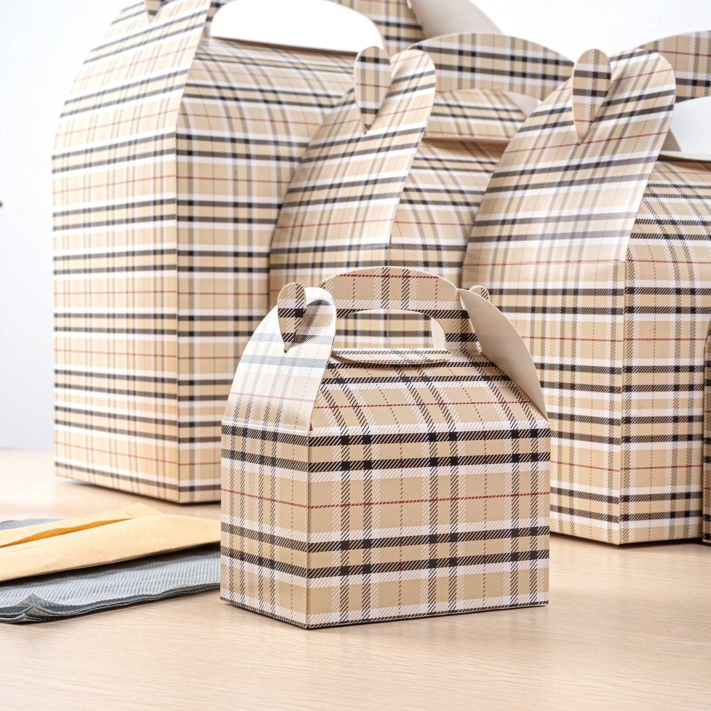 Bio Tek Plaid Paper Gable Box / Take Out Container - Compostable - 4" x 2 1/2" x 2 1/2" - 25 count box