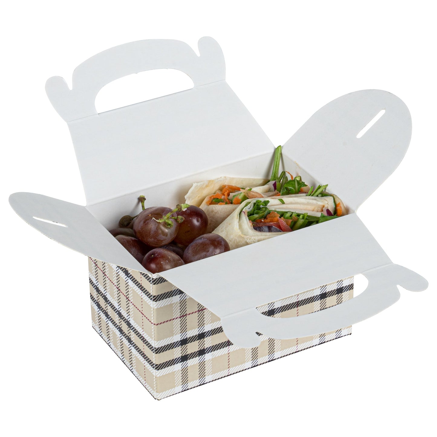 Bio Tek Plaid Paper Gable Box / Take Out Container - Compostable - 4" x 2 1/2" x 2 1/2" - 25 count box
