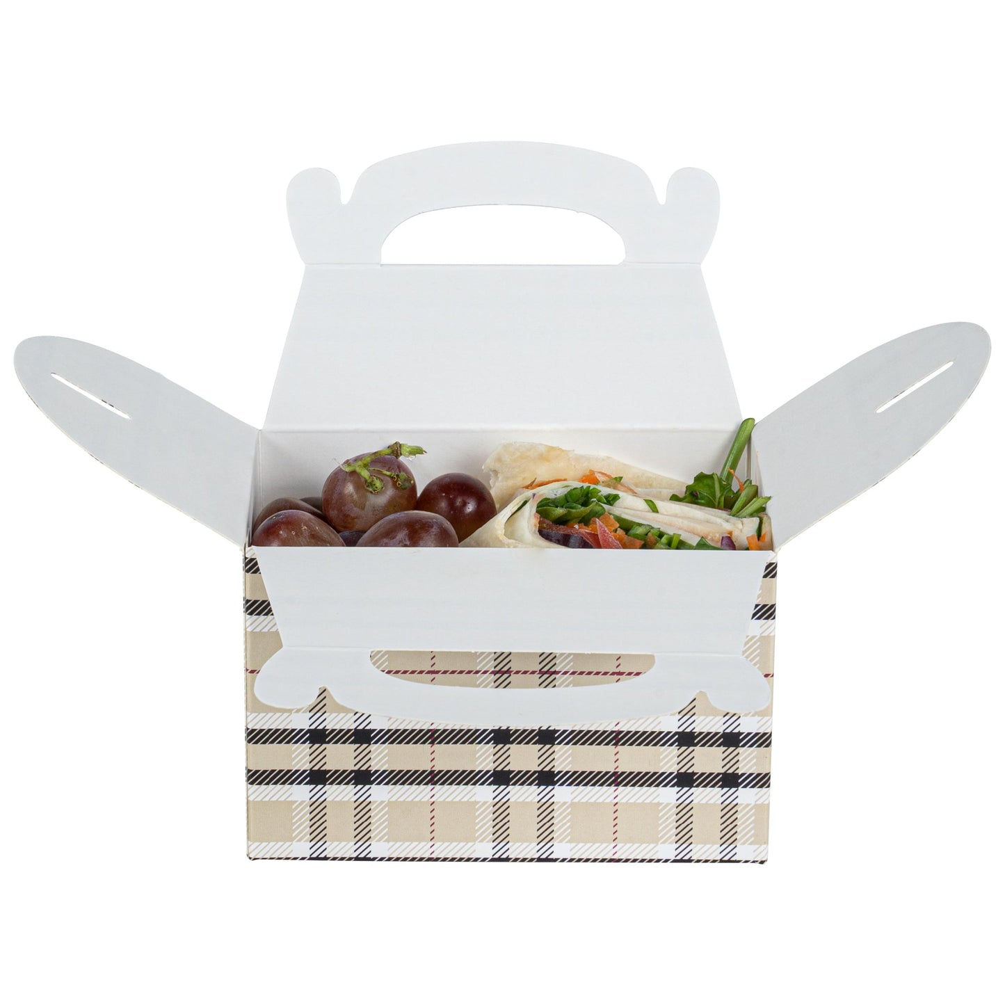 Bio Tek Plaid Paper Gable Box / Take Out Container - Compostable - 4" x 2 1/2" x 2 1/2" - 100 count box