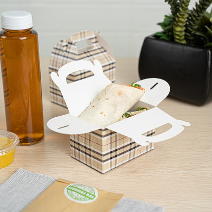 Bio Tek Plaid Paper Gable Box / Take Out Container - Compostable - 4" x 2 1/2" x 2 1/2" - 100 count box
