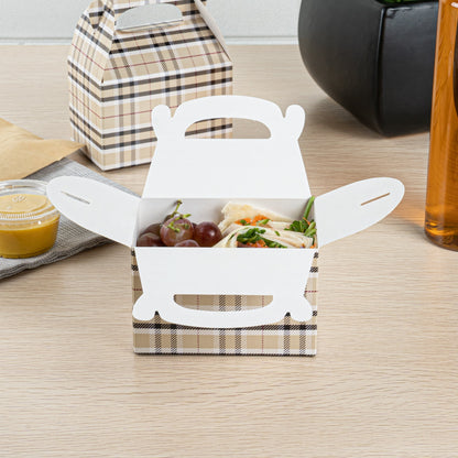 Bio Tek Plaid Paper Gable Box / Take Out Container - Compostable - 4" x 2 1/2" x 2 1/2" - 100 count box
