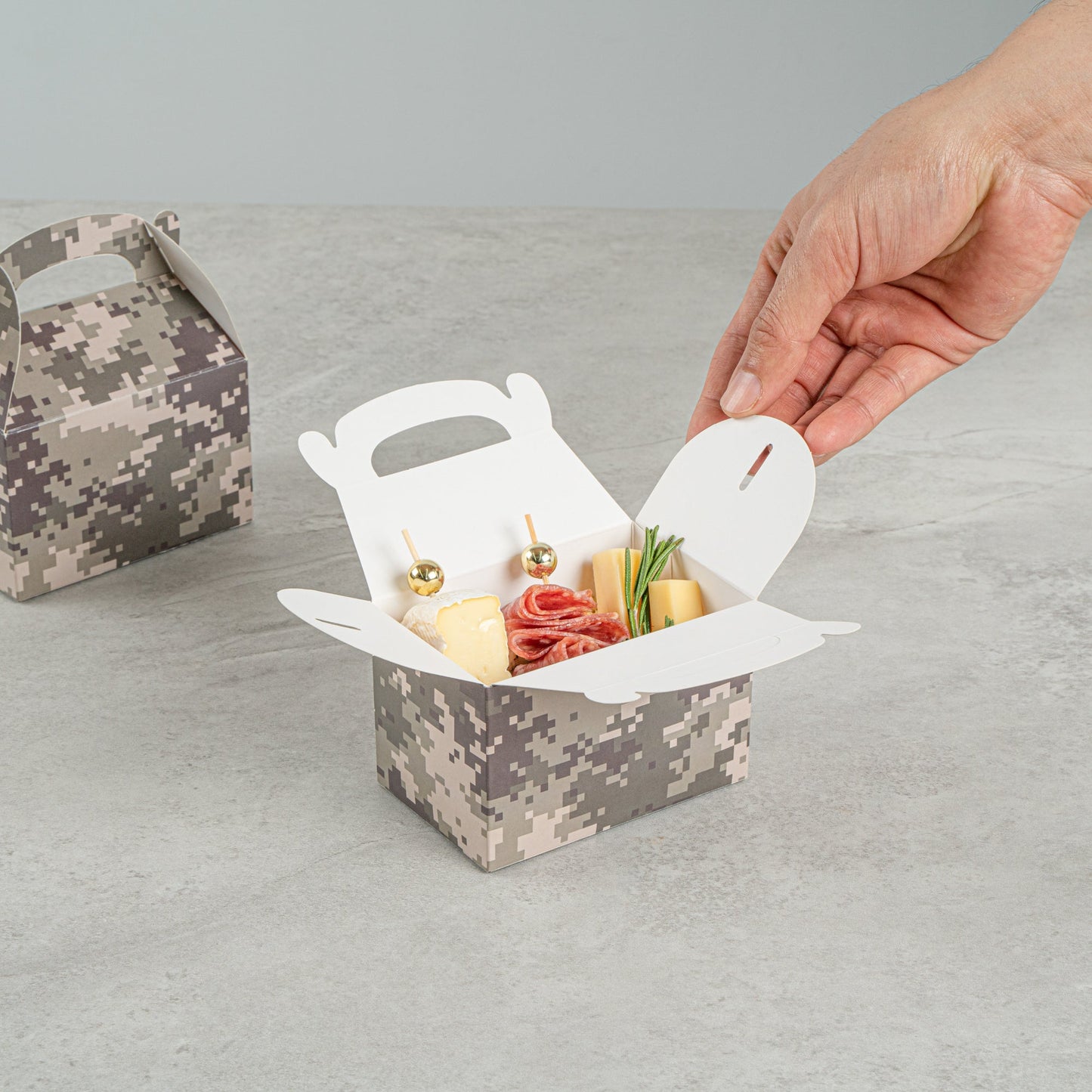 Bio Tek Camouflage Paper Gable Box / Take Out Container - Compostable - 4" x 2 1/2" x 2 1/2" - 100 count box