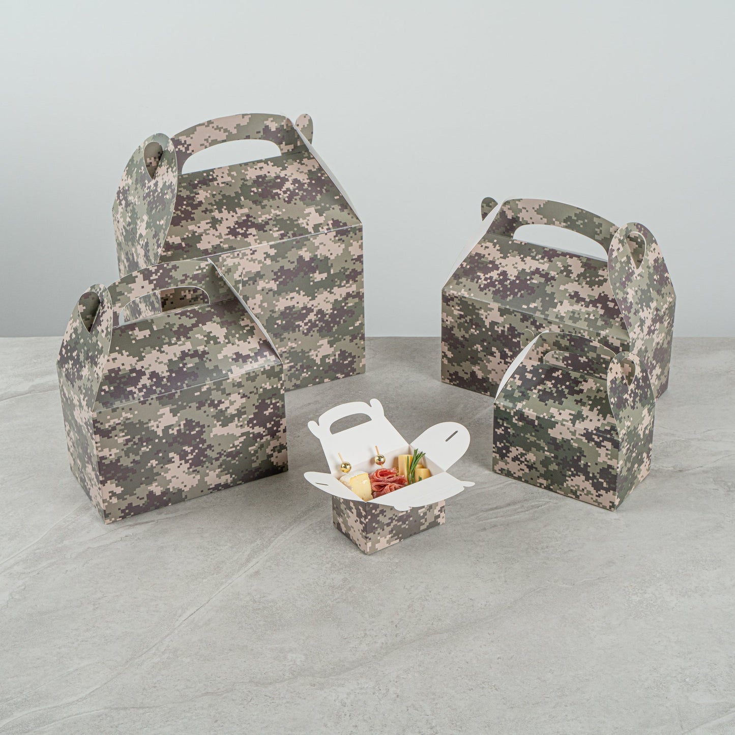 Bio Tek Camouflage Paper Gable Box / Take Out Container - Compostable - 4" x 2 1/2" x 2 1/2" - 100 count box