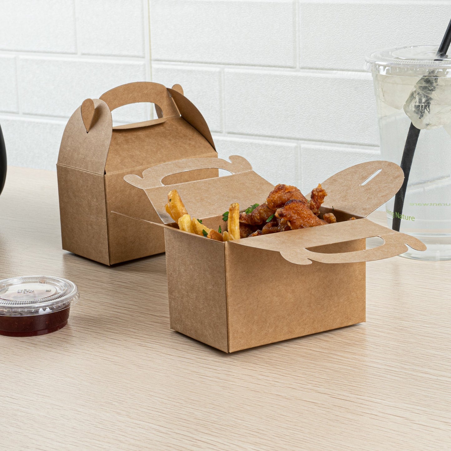 Bio Tek Kraft Paper Gable Box / Take Out Container - Greaseproof - 4" x 2 1/2" x 2 1/2" - 100 count box
