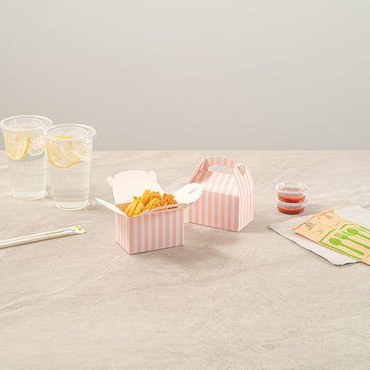 Bio Tek Pink & White Stripe Paper Gable Box / Take Out Container - Compostable - 4" x 2 1/2" x 2 1/2" - 100 count box