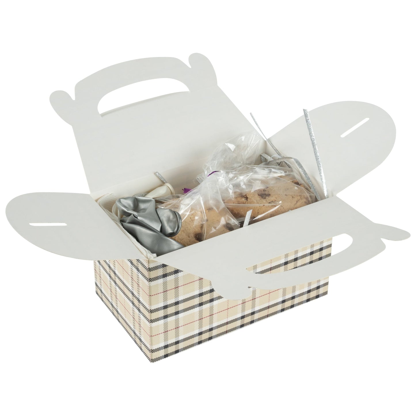 Bio Tek Plaid Paper Gable Box / Take Out Container - Compostable - 6" x 3 1/2" x 3 1/2" - 25 count box