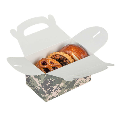 Bio Tek Camouflage Paper Gable Box / Take Out Container - Compostable - 6" x 3 1/2" x 3 1/2" - 25 count box