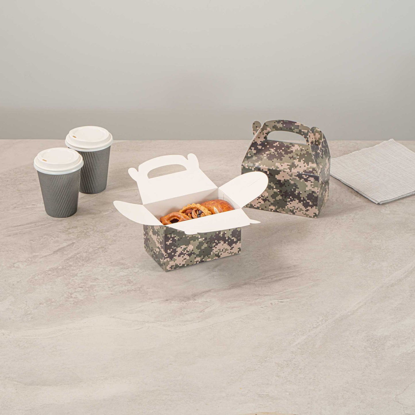 Bio Tek Camouflage Paper Gable Box / Take Out Container - Compostable - 6" x 3 1/2" x 3 1/2" - 25 count box