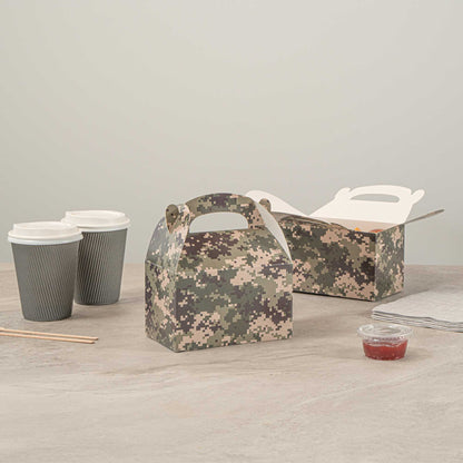 Bio Tek Camouflage Paper Gable Box / Take Out Container - Compostable - 6" x 3 1/2" x 3 1/2" - 25 count box