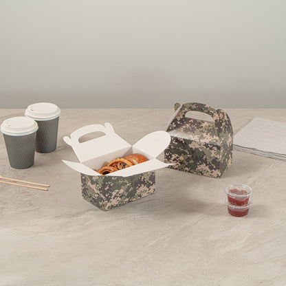 Bio Tek Camouflage Paper Gable Box / Take Out Container - Compostable - 6" x 3 1/2" x 3 1/2" - 100 count box
