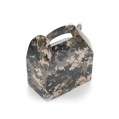 Bio Tek Camouflage Paper Gable Box / Take Out Container - Compostable - 6" x 3 1/2" x 3 1/2" - 100 count box