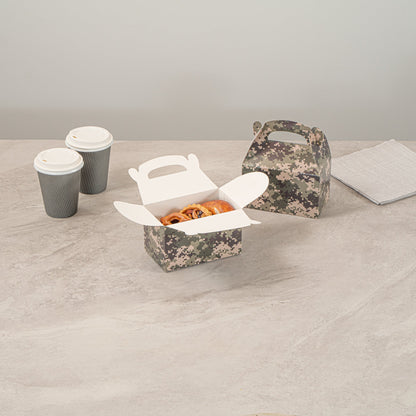 Bio Tek Camouflage Paper Gable Box / Take Out Container - Compostable - 6" x 3 1/2" x 3 1/2" - 100 count box
