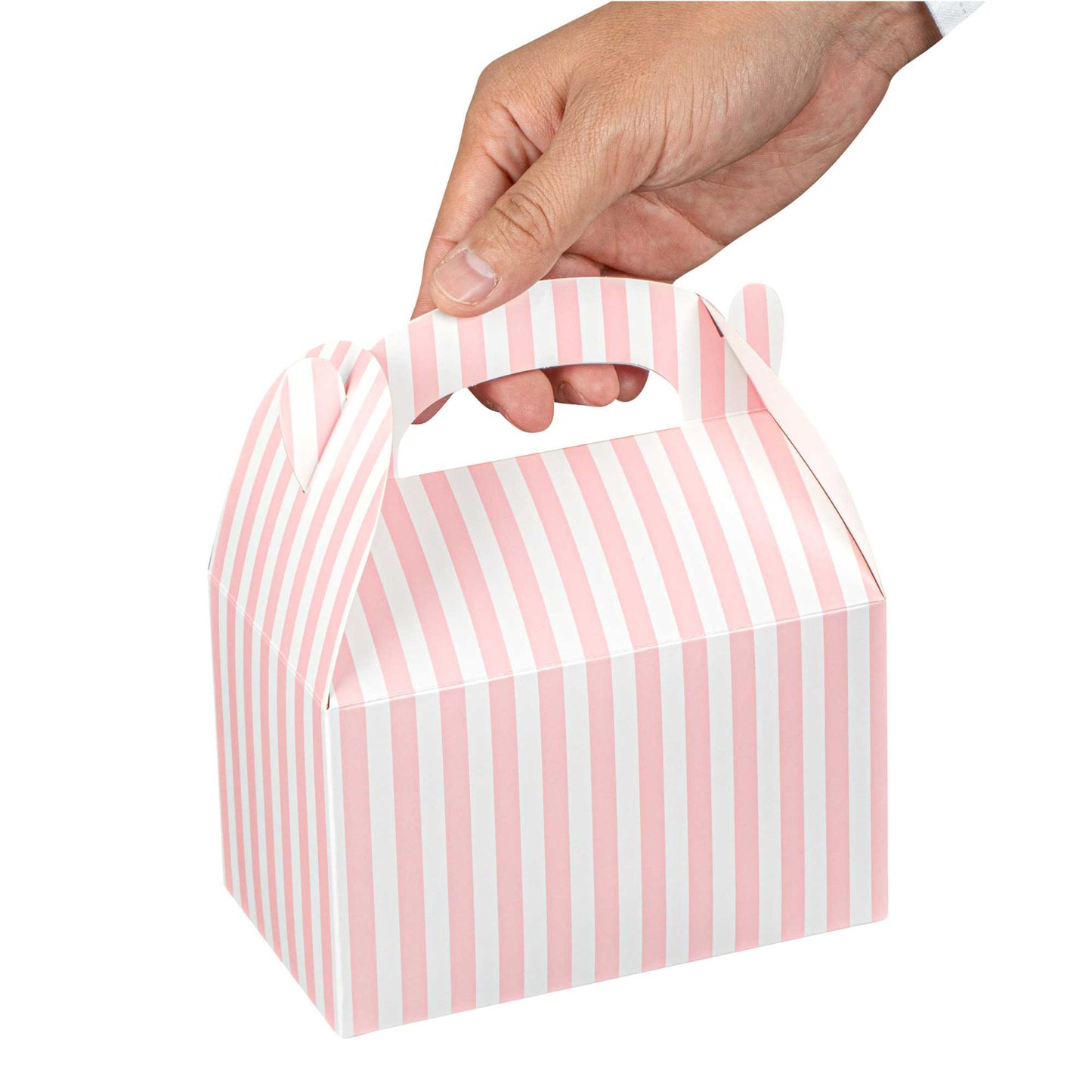 Bio Tek Pink & White Stripe Paper Gable Box / Take Out Container - Compostable - 6" x 3 1/2" x 3 1/2" - 25 count box