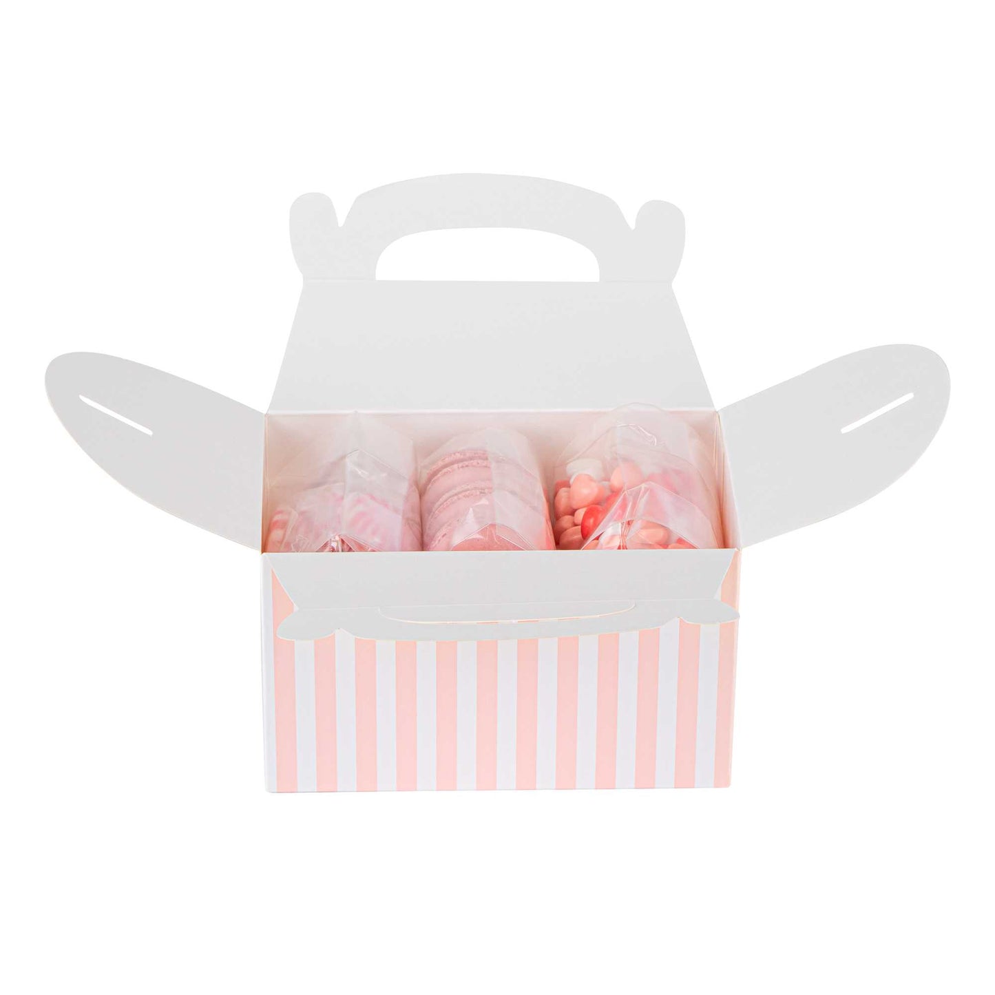 Bio Tek Pink & White Stripe Paper Gable Box / Take Out Container - Compostable - 6" x 3 1/2" x 3 1/2" - 25 count box