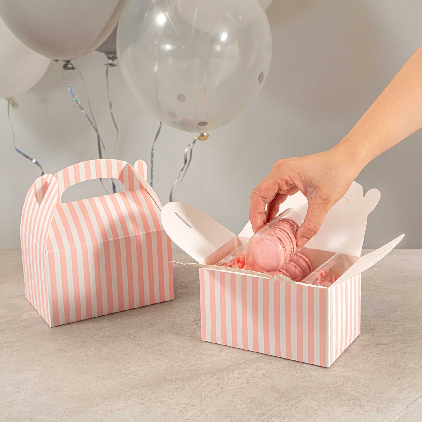 Bio Tek Pink & White Stripe Paper Gable Box / Take Out Container - Compostable - 6" x 3 1/2" x 3 1/2" - 25 count box