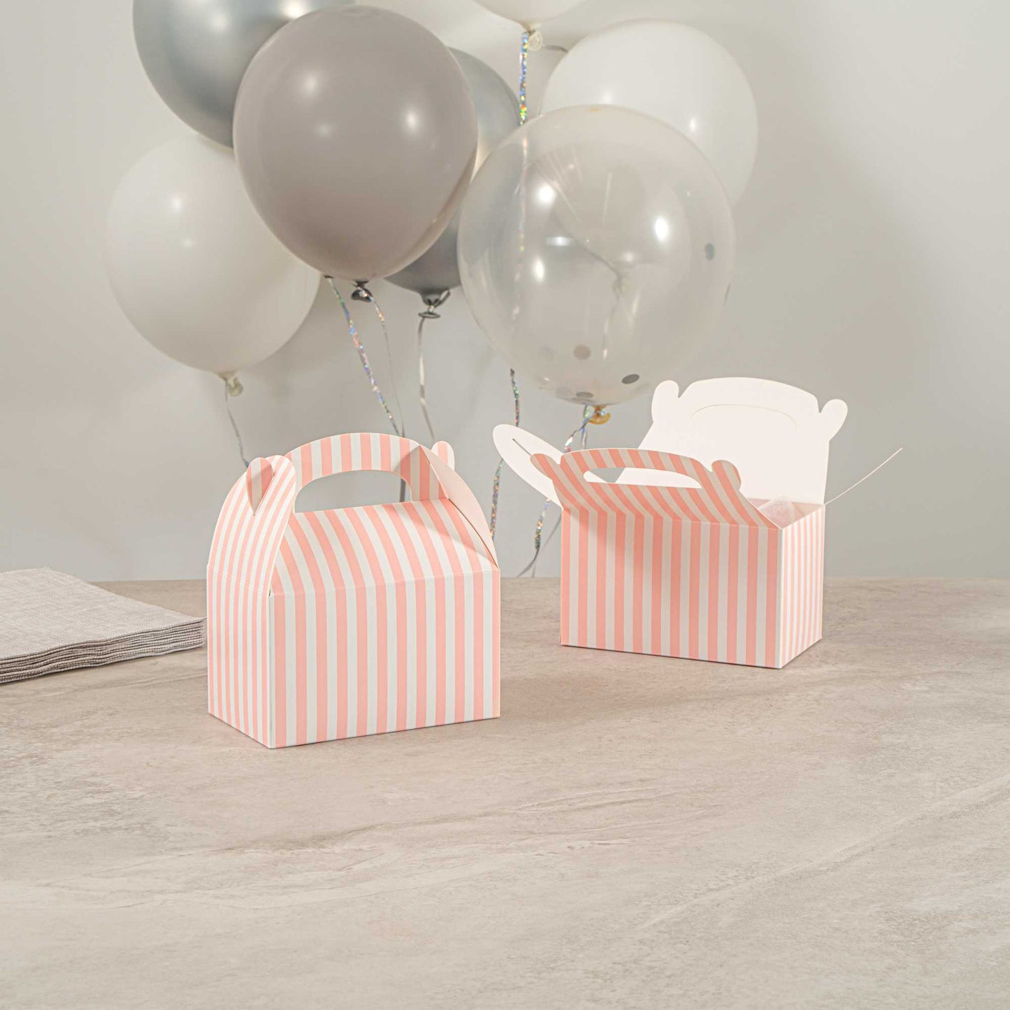 Bio Tek Pink & White Stripe Paper Gable Box / Take Out Container - Compostable - 6" x 3 1/2" x 3 1/2" - 25 count box