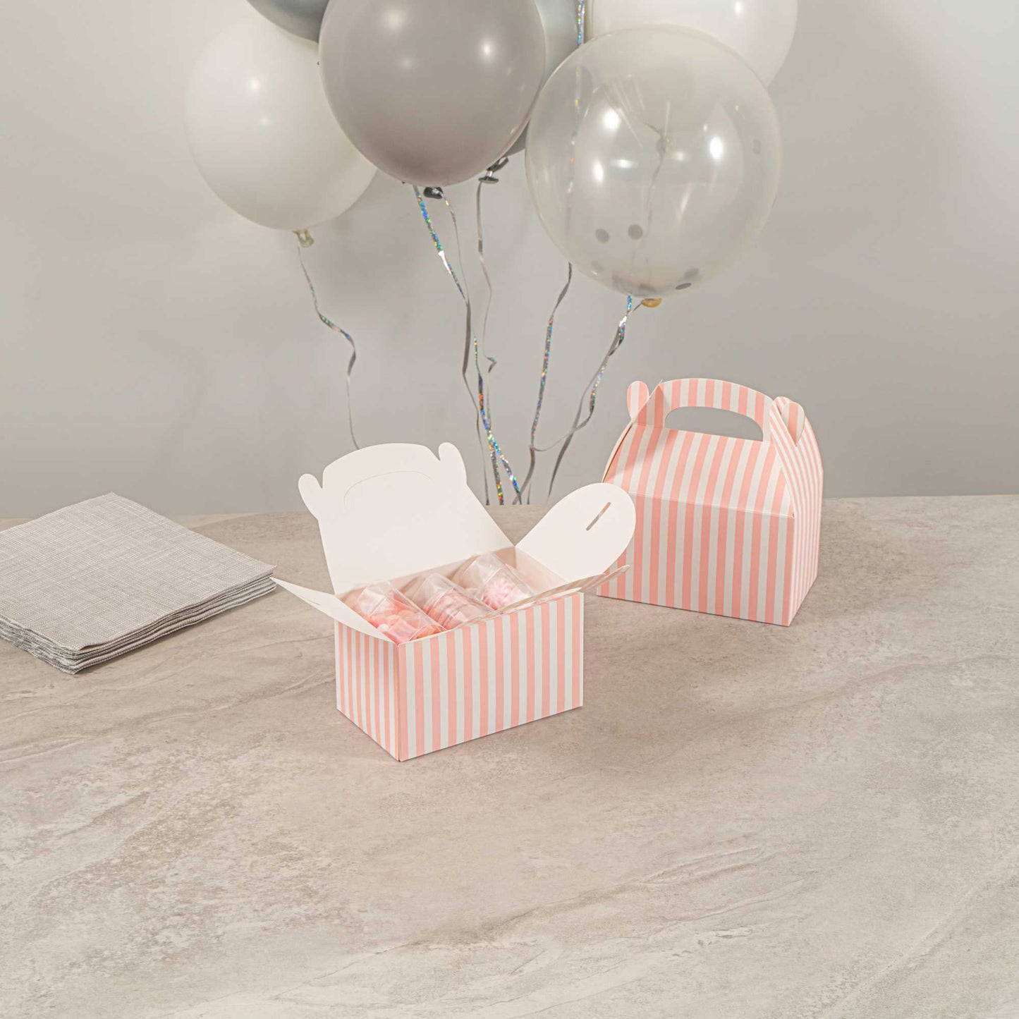Bio Tek Pink & White Stripe Paper Gable Box / Take Out Container - Compostable - 6" x 3 1/2" x 3 1/2" - 25 count box