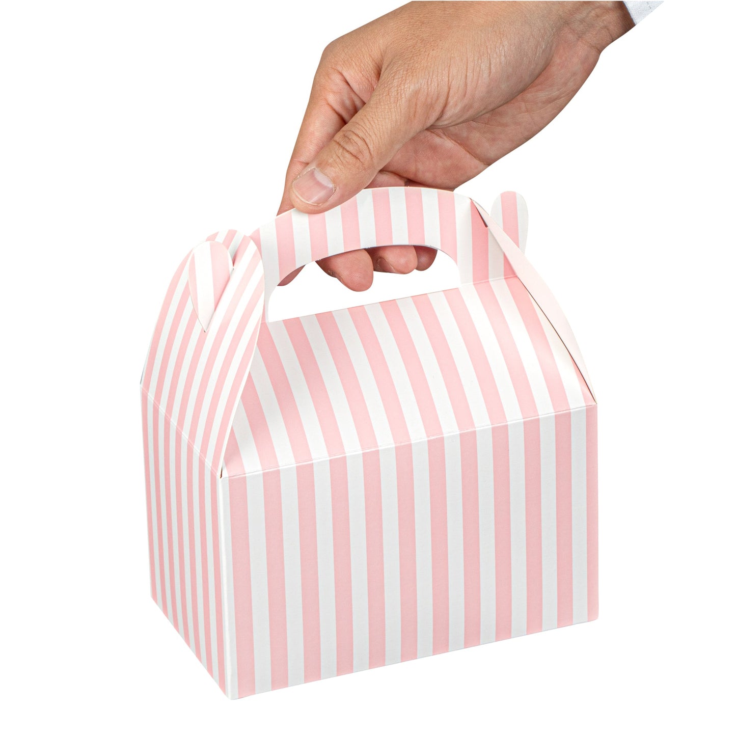 Bio Tek Pink & White Stripe Paper Gable Box / Take Out Container - Compostable - 6" x 3 1/2" x 3 1/2" - 100 count box