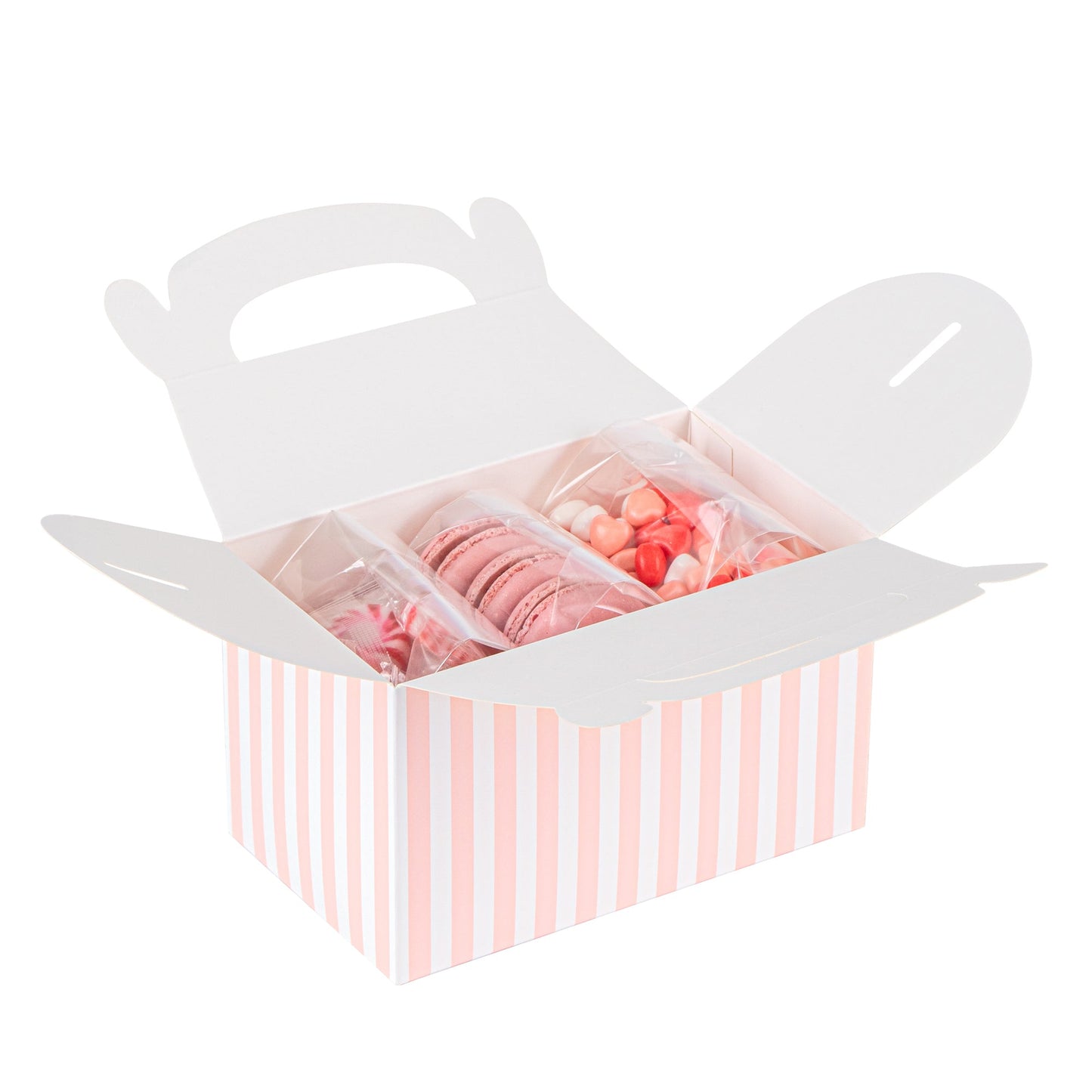 Bio Tek Pink & White Stripe Paper Gable Box / Take Out Container - Compostable - 6" x 3 1/2" x 3 1/2" - 100 count box
