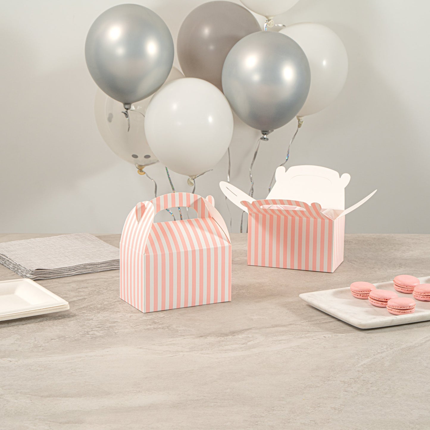 Bio Tek Pink & White Stripe Paper Gable Box / Take Out Container - Compostable - 6" x 3 1/2" x 3 1/2" - 100 count box