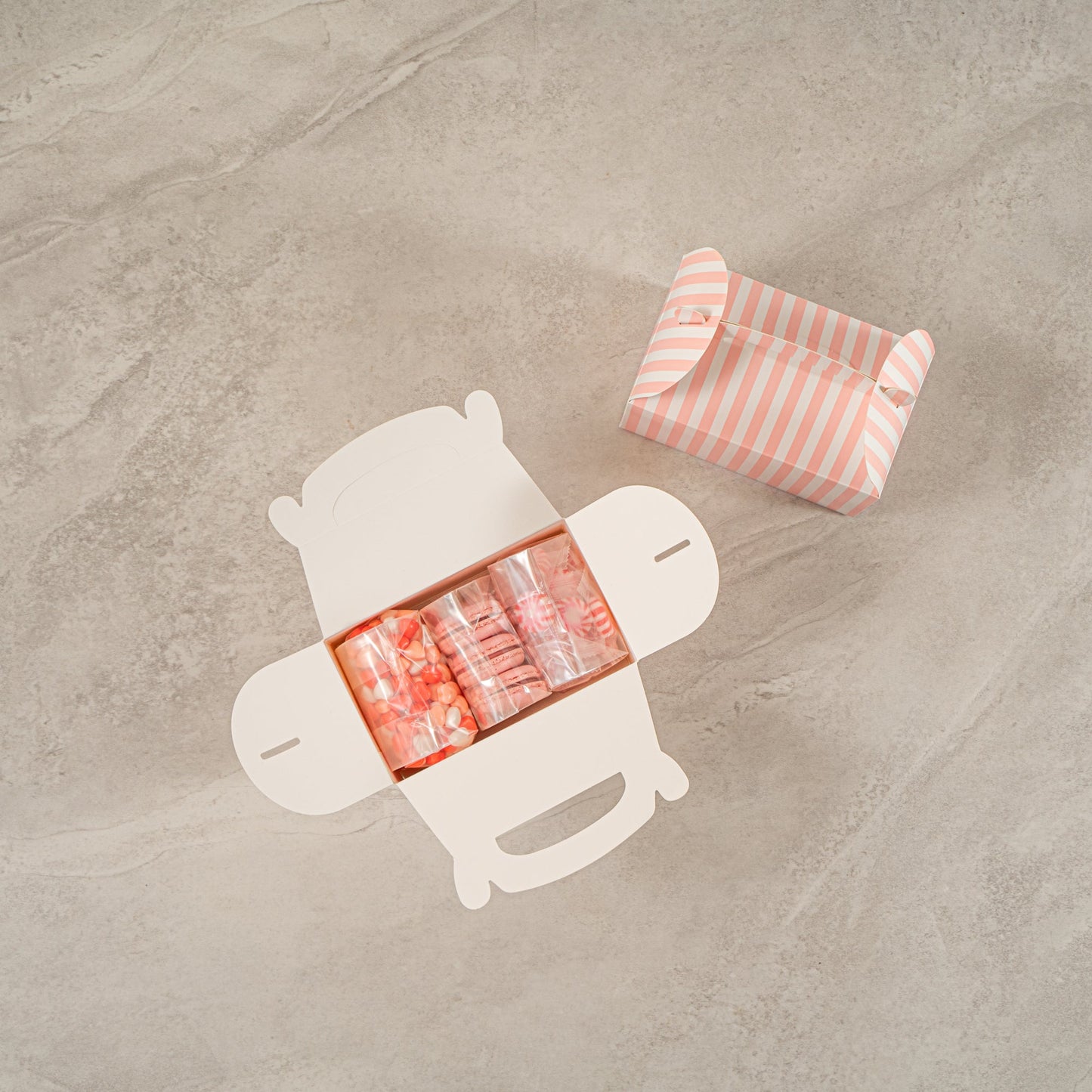 Bio Tek Pink & White Stripe Paper Gable Box / Take Out Container - Compostable - 6" x 3 1/2" x 3 1/2" - 100 count box