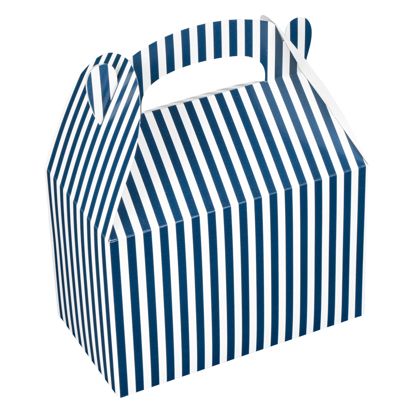 Bio Tek Blue & White Stripe Paper Gable Box / Take Out Container - Compostable - 8 1/2" x 4 3/4" x 5 1/2" - 100 count box
