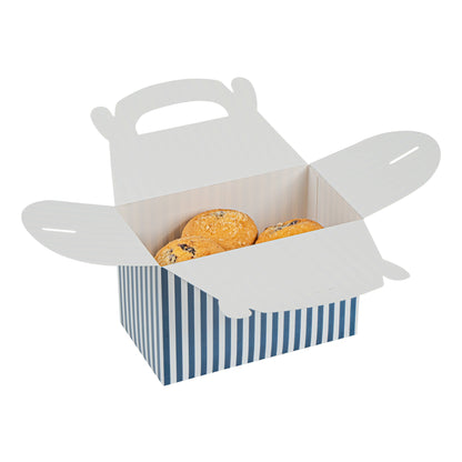 Bio Tek Blue & White Stripe Paper Gable Box / Take Out Container - Compostable - 8 1/2" x 4 3/4" x 5 1/2" - 25 count box