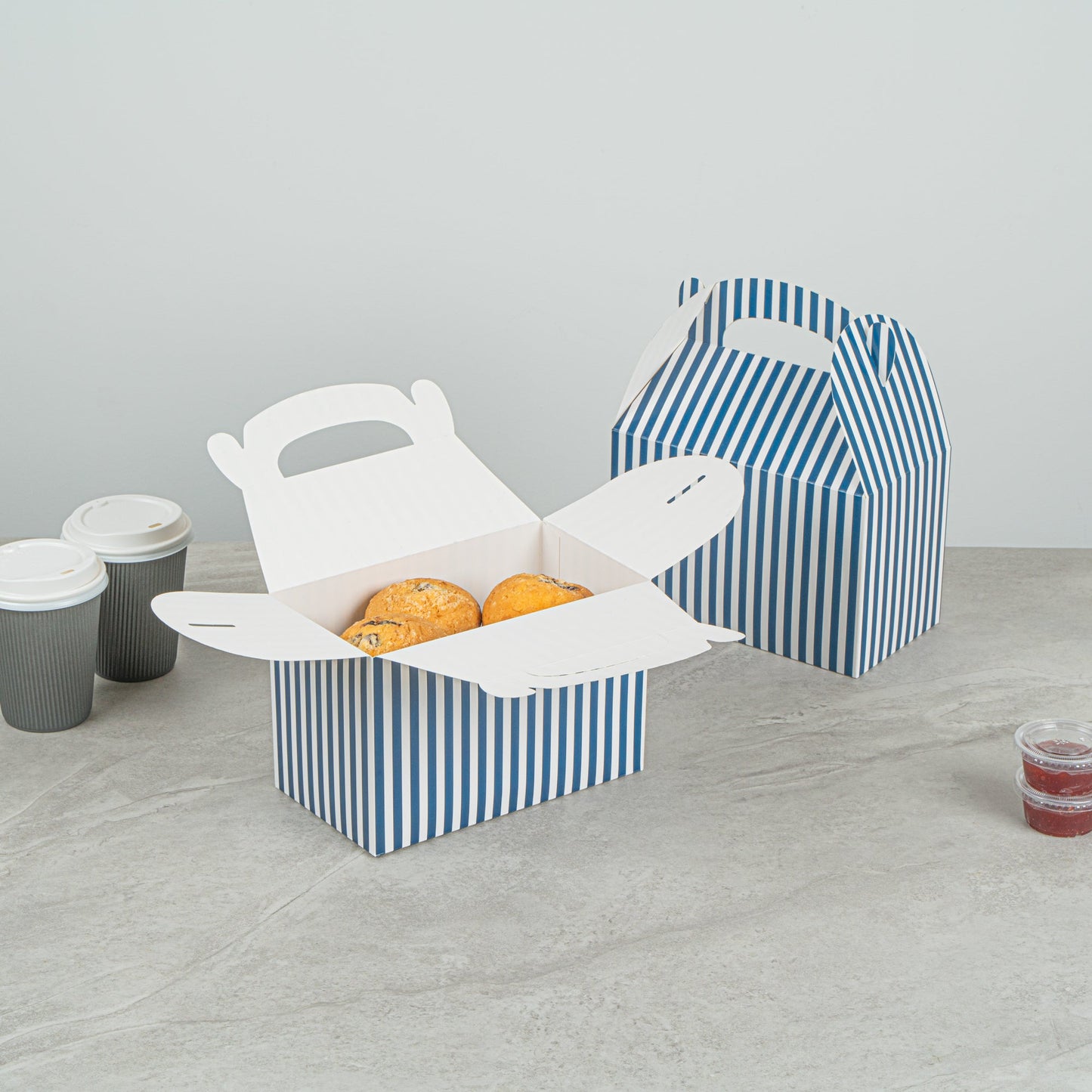 Bio Tek Blue & White Stripe Paper Gable Box / Take Out Container - Compostable - 8 1/2" x 4 3/4" x 5 1/2" - 25 count box