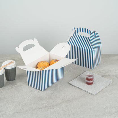 Bio Tek Blue & White Stripe Paper Gable Box / Take Out Container - Compostable - 8 1/2" x 4 3/4" x 5 1/2" - 100 count box