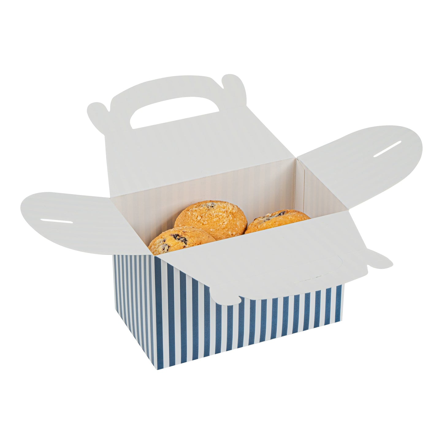 Bio Tek Blue & White Stripe Paper Gable Box / Take Out Container - Compostable - 8 1/2" x 4 3/4" x 5 1/2" - 100 count box