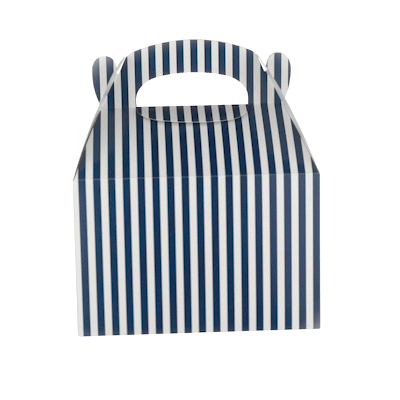 Bio Tek Blue & White Stripe Paper Gable Box / Take Out Container - Compostable - 8 1/2" x 4 3/4" x 5 1/2" - 100 count box