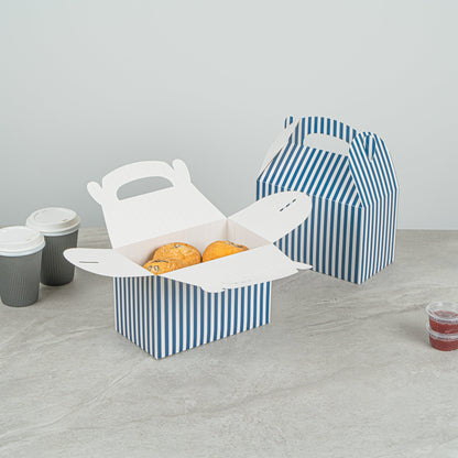 Bio Tek Blue & White Stripe Paper Gable Box / Take Out Container - Compostable - 8 1/2" x 4 3/4" x 5 1/2" - 100 count box