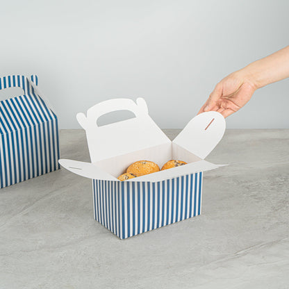 Bio Tek Blue & White Stripe Paper Gable Box / Take Out Container - Compostable - 8 1/2" x 4 3/4" x 5 1/2" - 100 count box