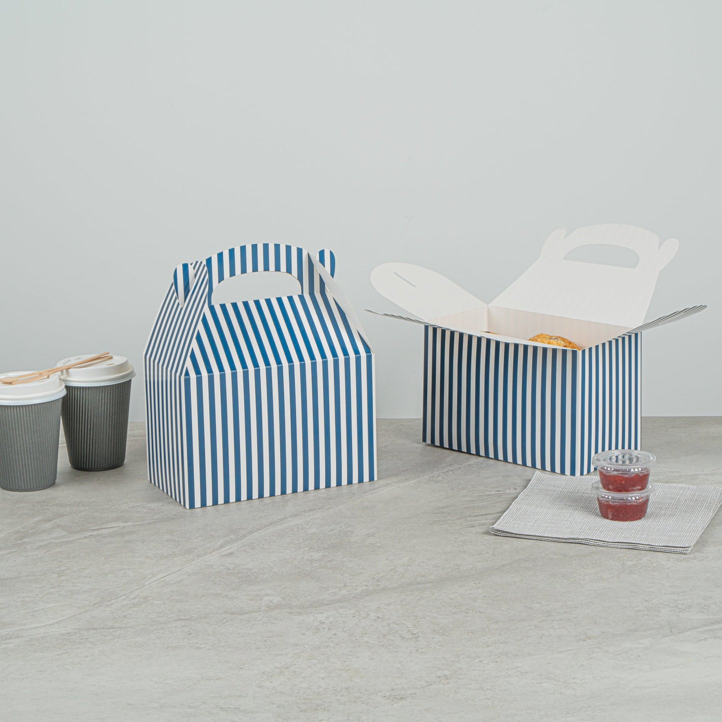 Bio Tek Blue & White Stripe Paper Gable Box / Take Out Container - Compostable - 8 1/2" x 4 3/4" x 5 1/2" - 100 count box