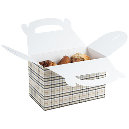 Bio Tek Plaid Paper Gable Box / Take Out Container - Compostable - 8 1/2" x 4 3/4" x 5 1/2" - 25 count box
