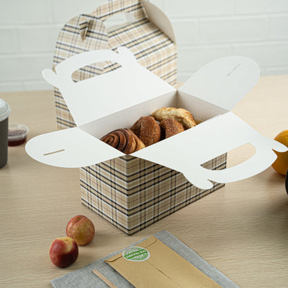 Bio Tek Plaid Paper Gable Box / Take Out Container - Compostable - 8 1/2" x 4 3/4" x 5 1/2" - 25 count box