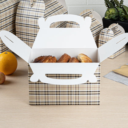 Bio Tek Plaid Paper Gable Box / Take Out Container - Compostable - 8 1/2" x 4 3/4" x 5 1/2" - 25 count box