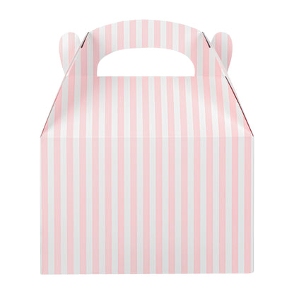 Bio Tek Pink & White Stripe Paper Gable Box / Take Out Container - Compostable - 8 1/2" x 4 3/4" x 5 1/2" - 25 count box