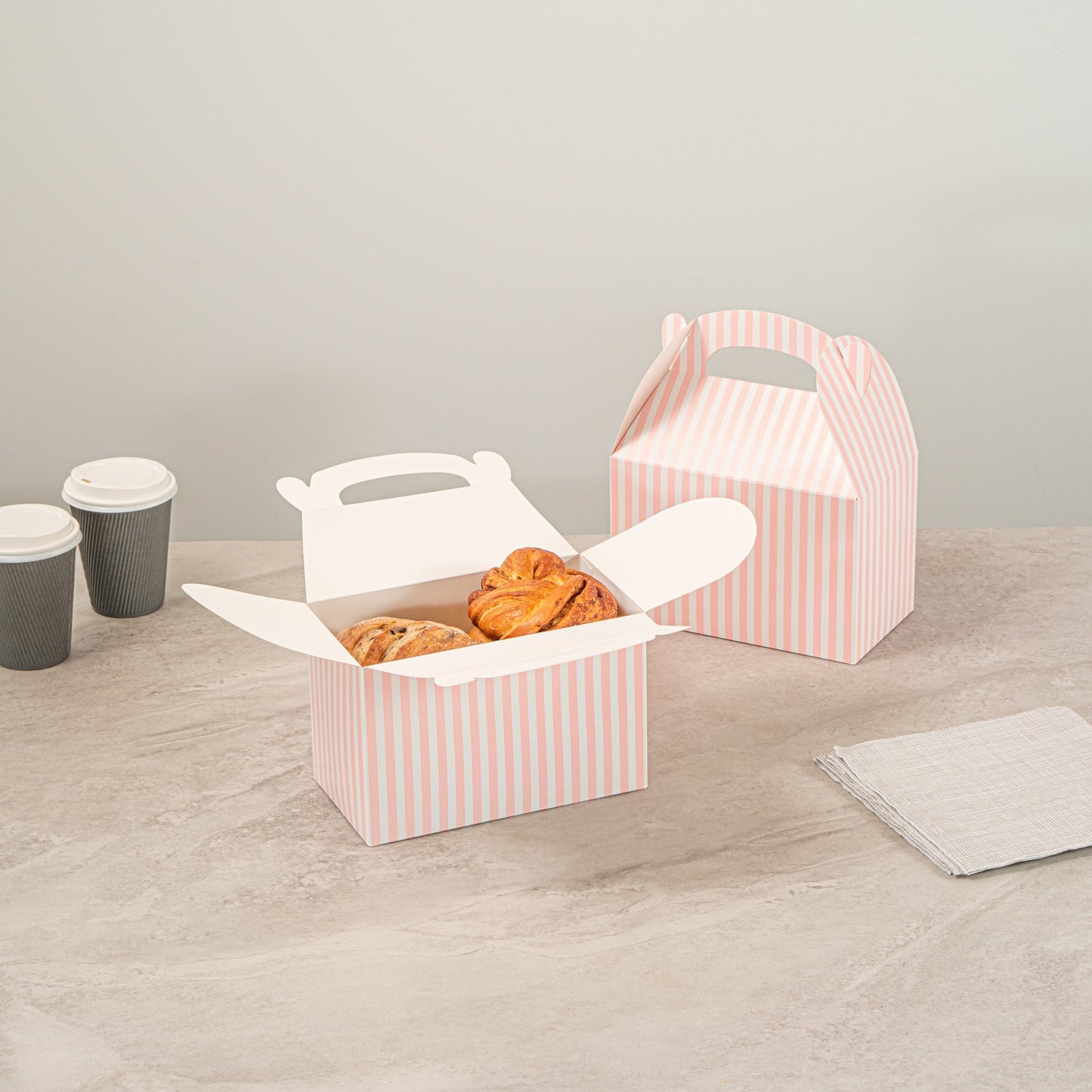 Bio Tek Pink & White Stripe Paper Gable Box / Take Out Container - Compostable - 8 1/2" x 4 3/4" x 5 1/2" - 25 count box