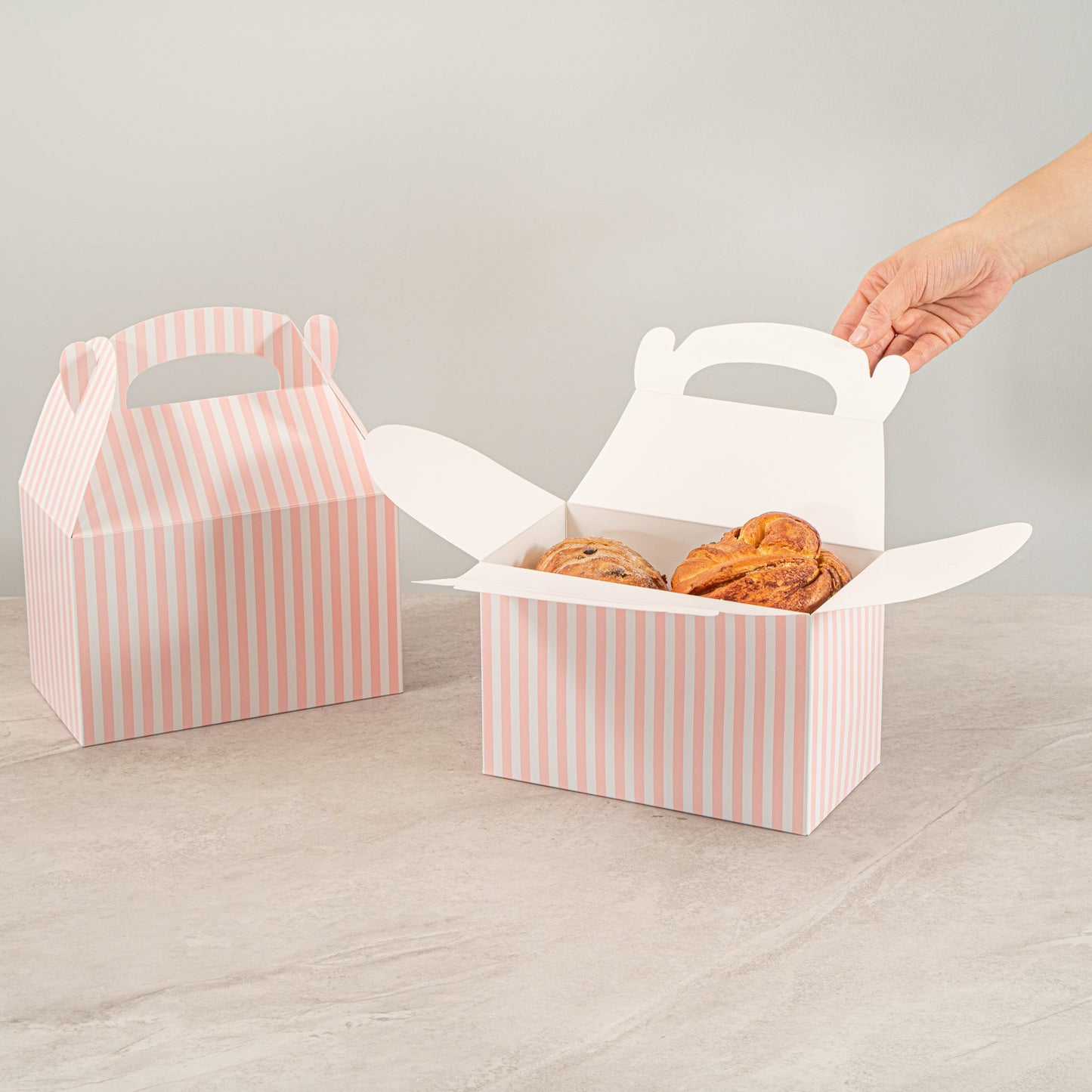 Bio Tek Pink & White Stripe Paper Gable Box / Take Out Container - Compostable - 8 1/2" x 4 3/4" x 5 1/2" - 25 count box