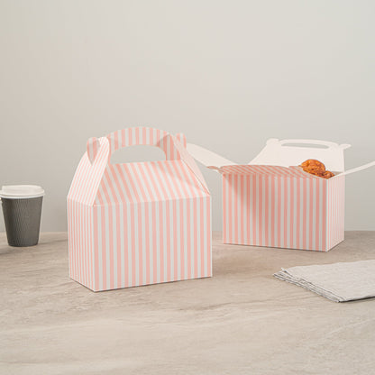 Bio Tek Pink & White Stripe Paper Gable Box / Take Out Container - Compostable - 8 1/2" x 4 3/4" x 5 1/2" - 25 count box