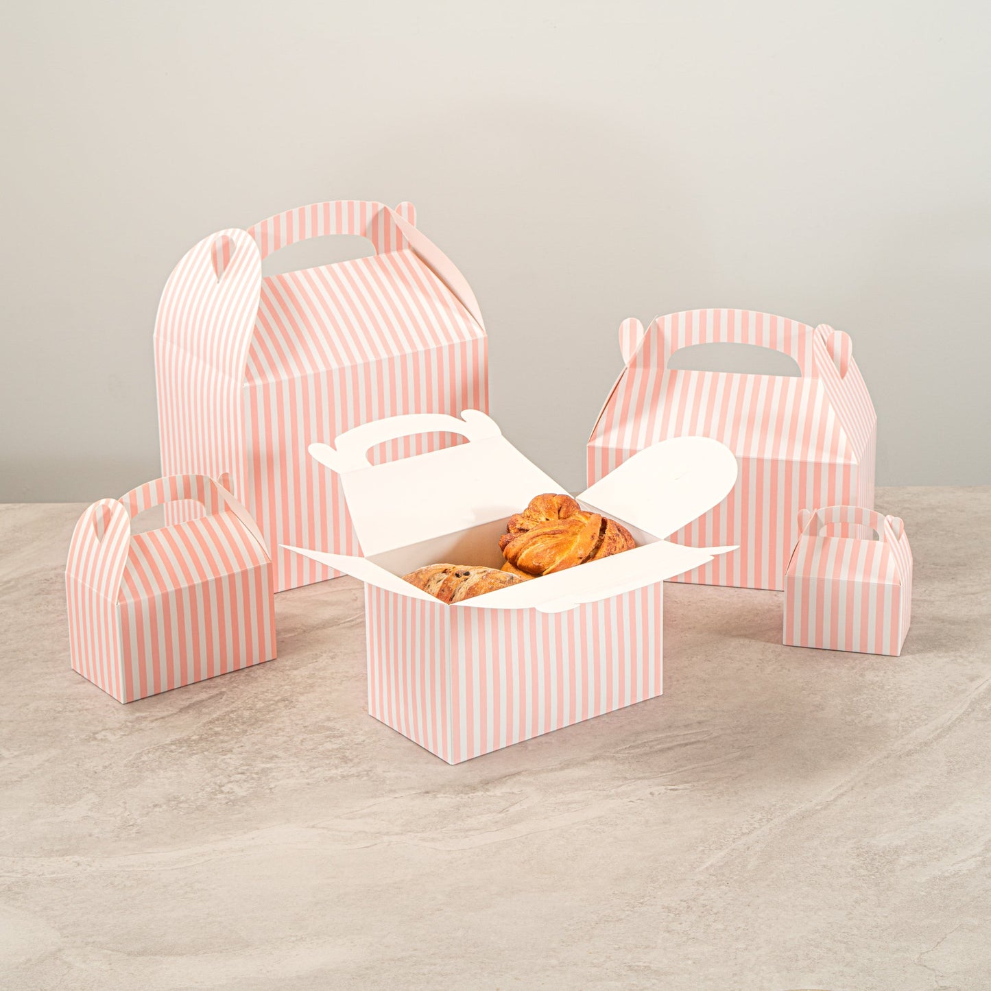 Bio Tek Pink & White Stripe Paper Gable Box / Take Out Container - Compostable - 8 1/2" x 4 3/4" x 5 1/2" - 25 count box