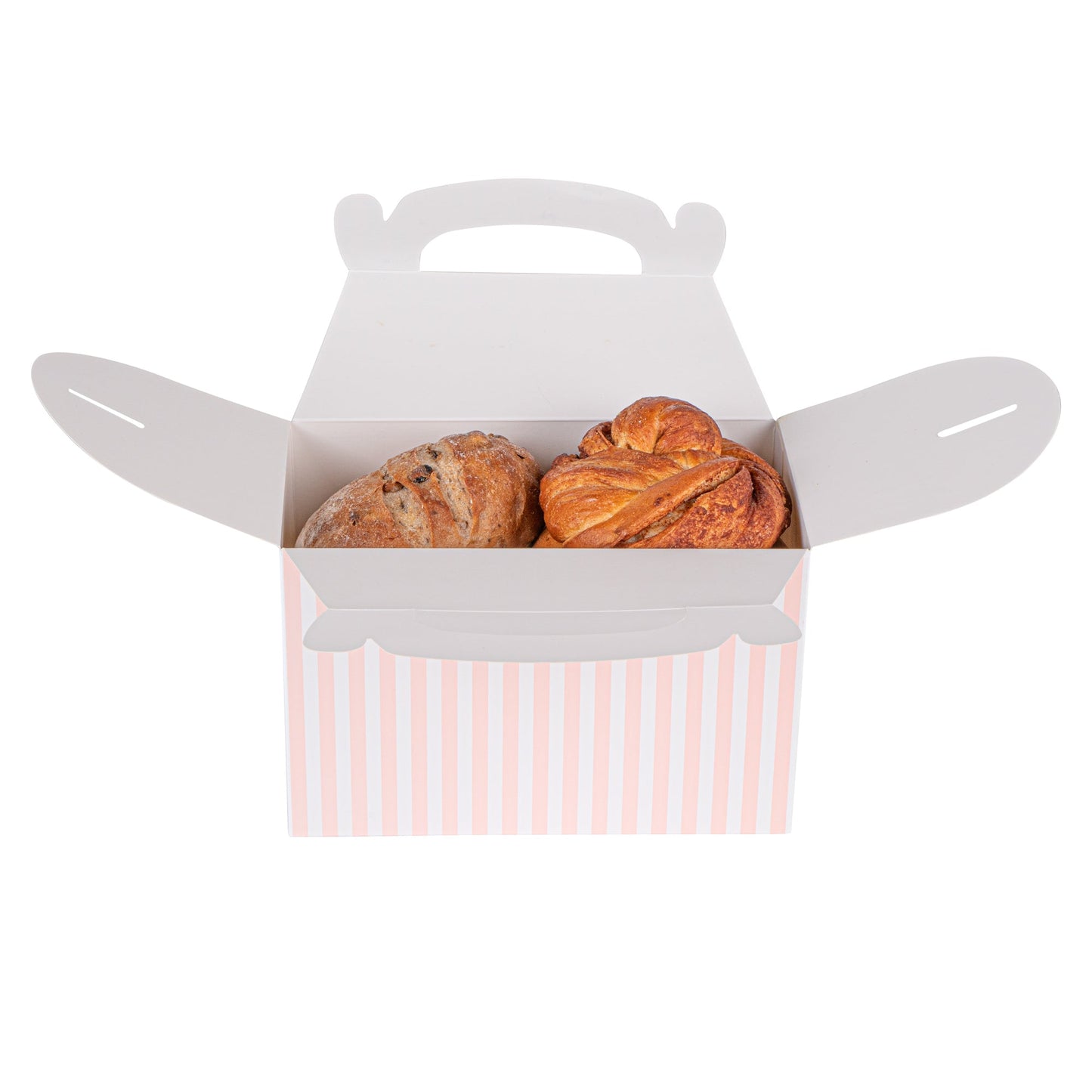 Bio Tek Pink & White Stripe Paper Gable Box / Take Out Container - Compostable - 8 1/2" x 4 3/4" x 5 1/2" - 100 count box