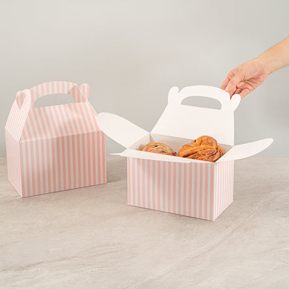 Bio Tek Pink & White Stripe Paper Gable Box / Take Out Container - Compostable - 8 1/2" x 4 3/4" x 5 1/2" - 100 count box