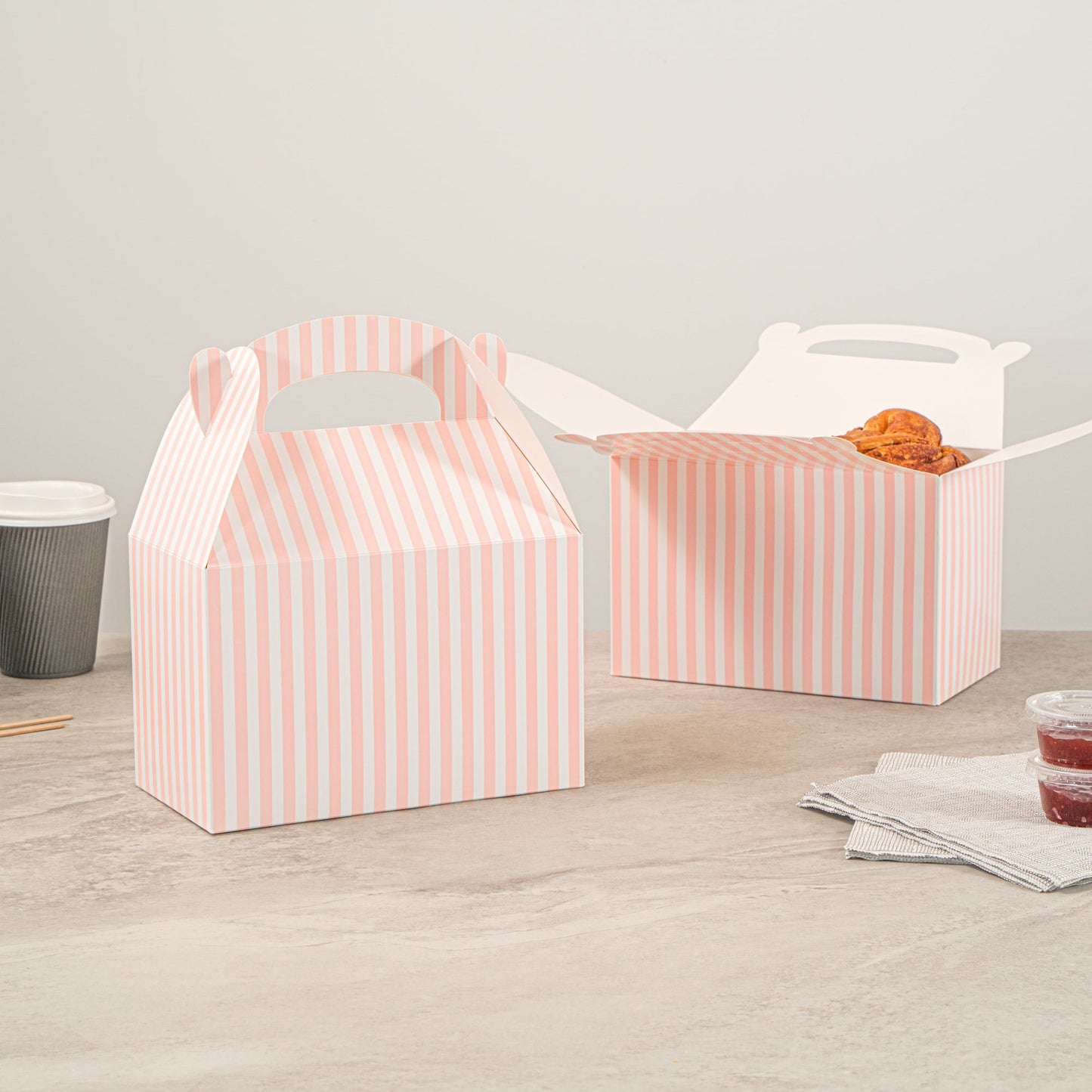 Bio Tek Pink & White Stripe Paper Gable Box / Take Out Container - Compostable - 8 1/2" x 4 3/4" x 5 1/2" - 100 count box