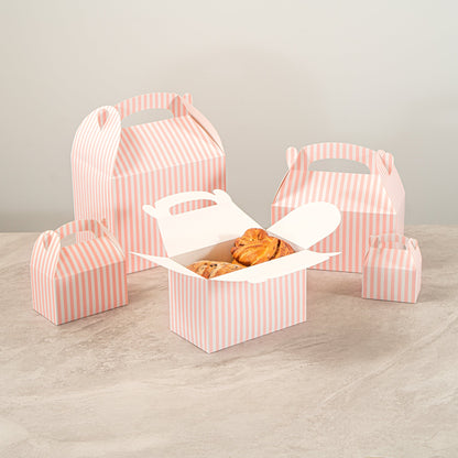 Bio Tek Pink & White Stripe Paper Gable Box / Take Out Container - Compostable - 8 1/2" x 4 3/4" x 5 1/2" - 100 count box