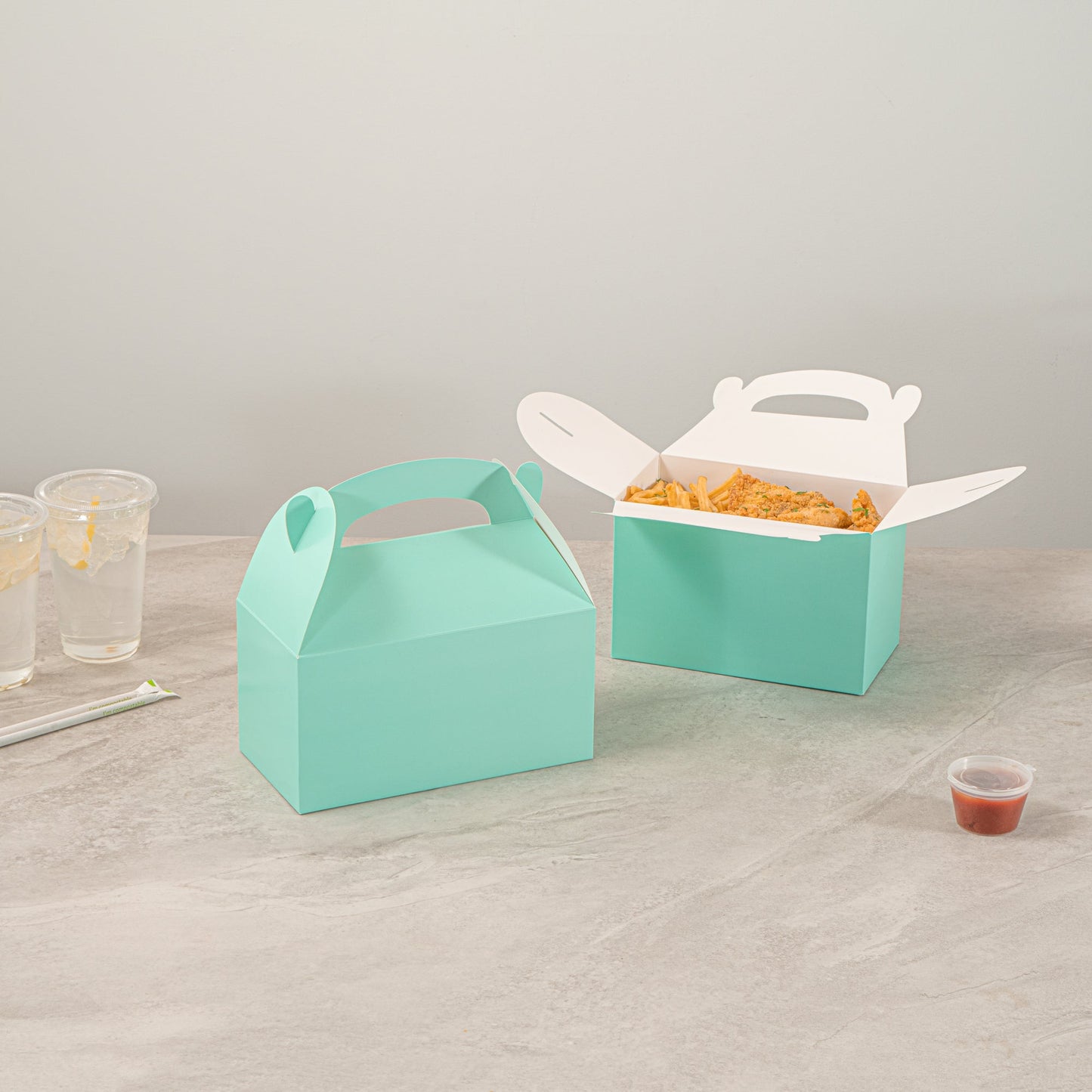 Bio Tek Turquoise Paper Gable Box / Take Out Container - Compostable - 8 1/2" x 4 3/4" x 5 1/2" - 100 count box