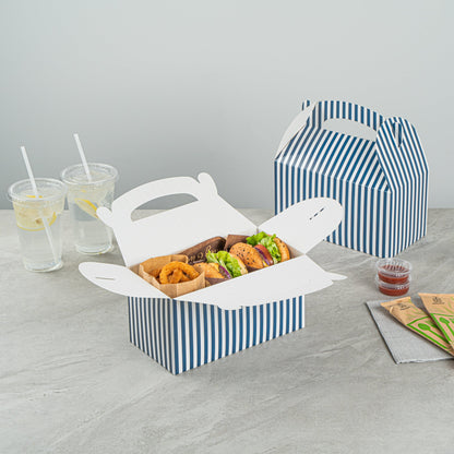 Bio Tek Blue & White Stripe Paper Gable Box / Take Out Container - Compostable - 9 1/2" x 5" x 5" - 25 count box